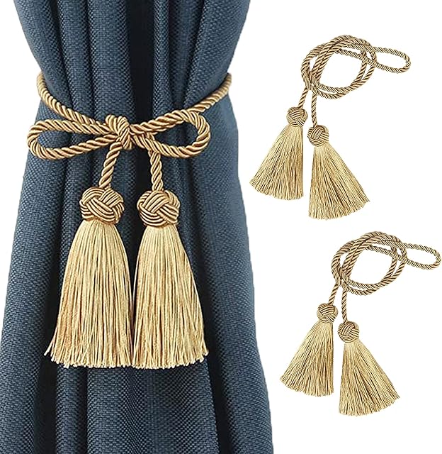 Curtain Tiebacks Curtain Tie Backs Rope Tassel Curtain Holdbacks Silver Gold Curtain Ties for Drape One Pair (Gold)