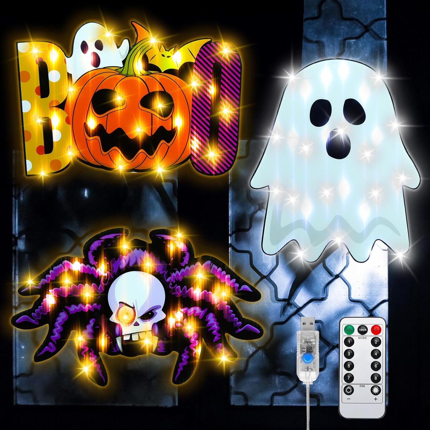 VIHOSE 3 Pcs Halloween Window Lights Decorations 8 Modes