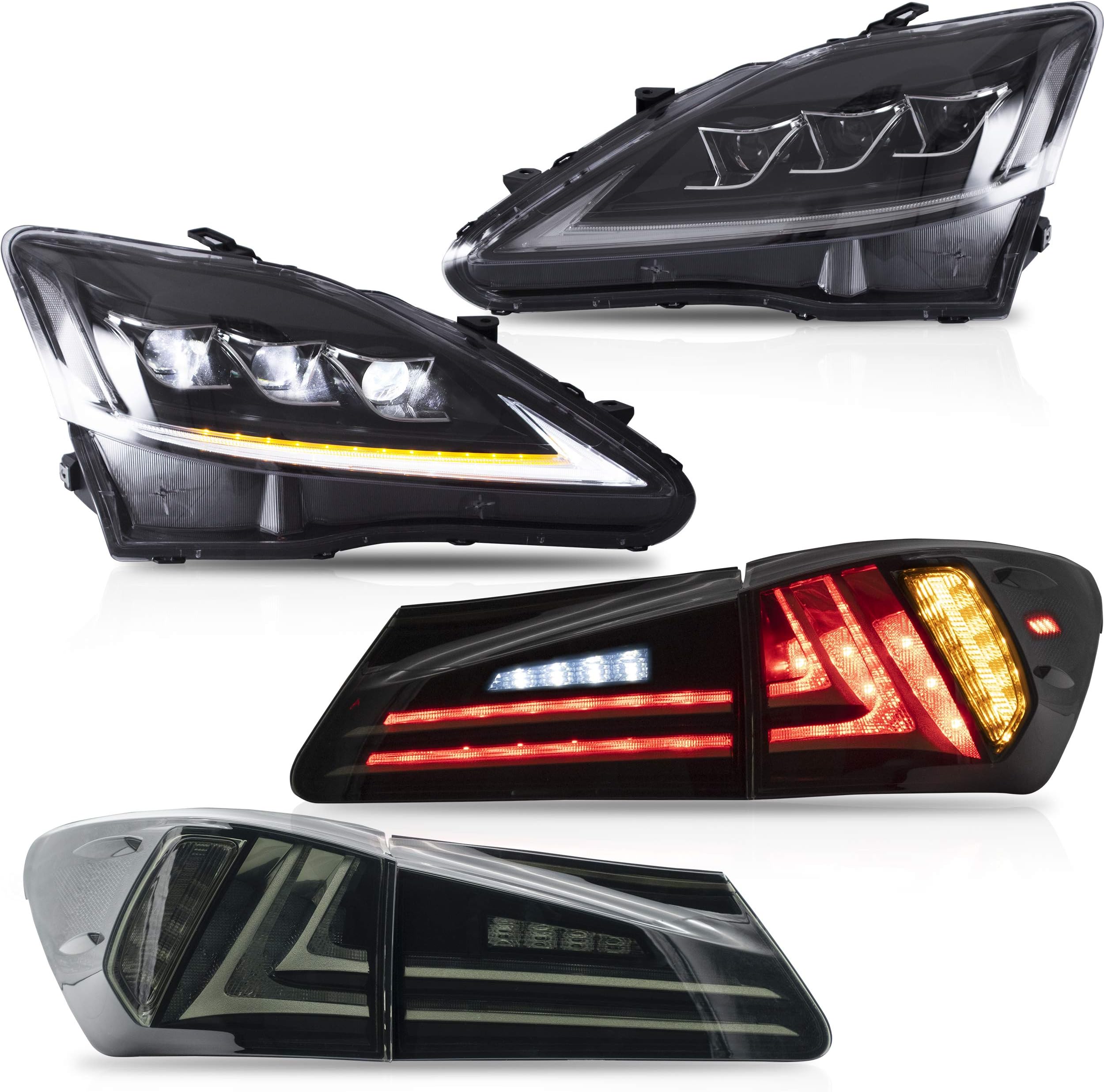 Headlights and Tail Lights Fit for IS250 IS350 IS 220d 2006-2012(Rear lights not for IS250C 350C/Convertible), Full LED Clear Headlamp with Smoked Tail Lamp