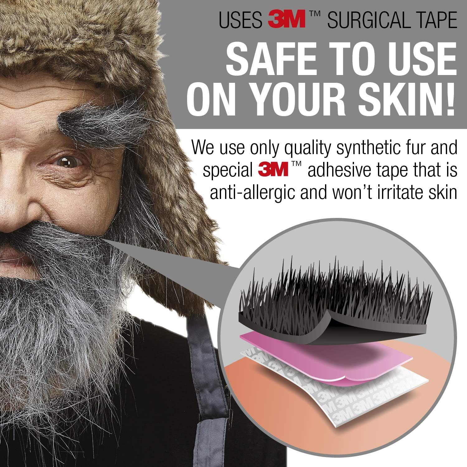 Mustaches Self Adhesive Traper Fake Mustache Beard and Eyebrows, Novelty, Realistic False Facial Hair, Costume Accessory for Adults, Salt and Pepper Color : Clothing, Shoes & Jewelry