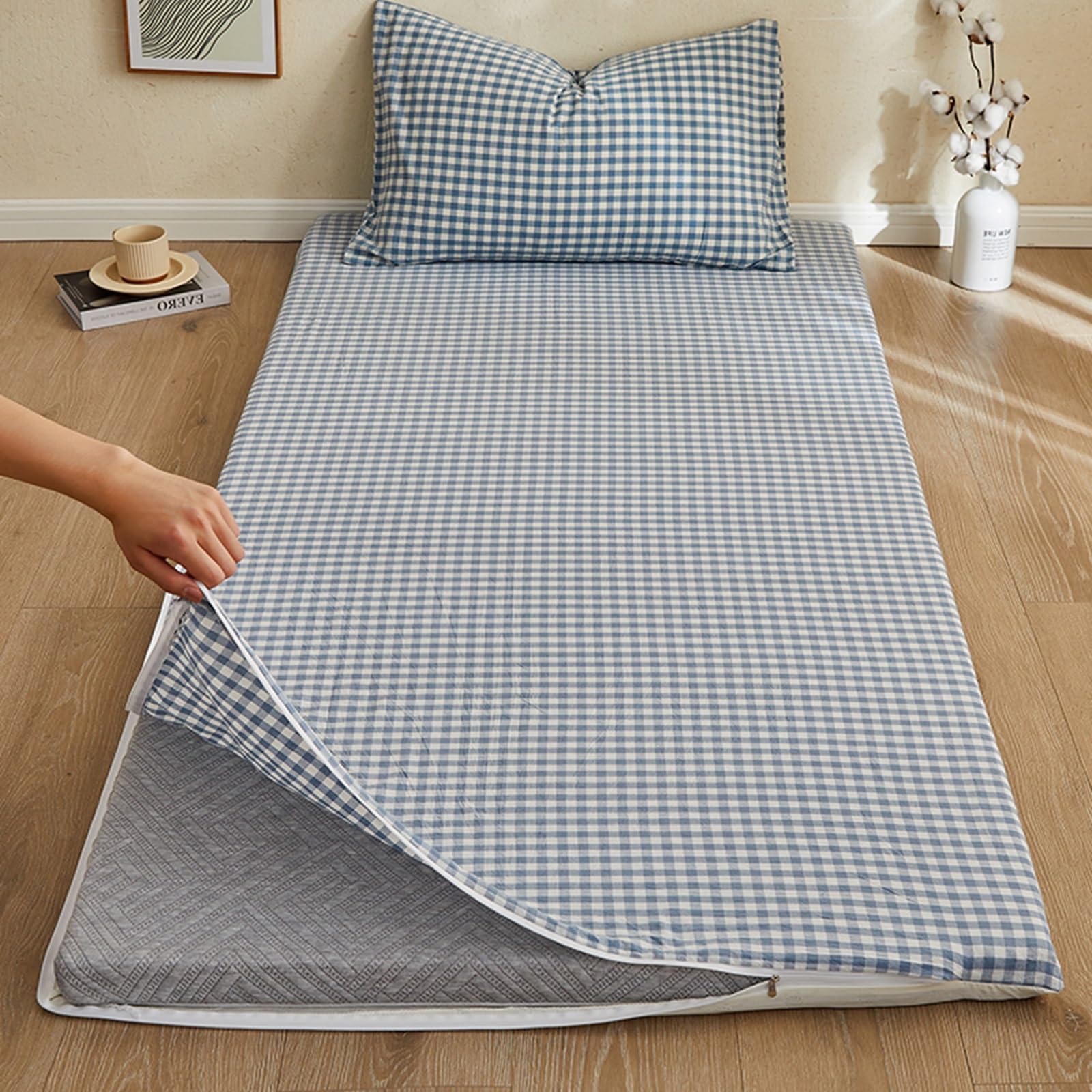 Japoński futon pokrowiec na materac w rozmiarze Queen Size – bawełniana podkładka na materac podłogowy, ochrona przed kurzem i wodą, do akademika, 180 x 200 cm
