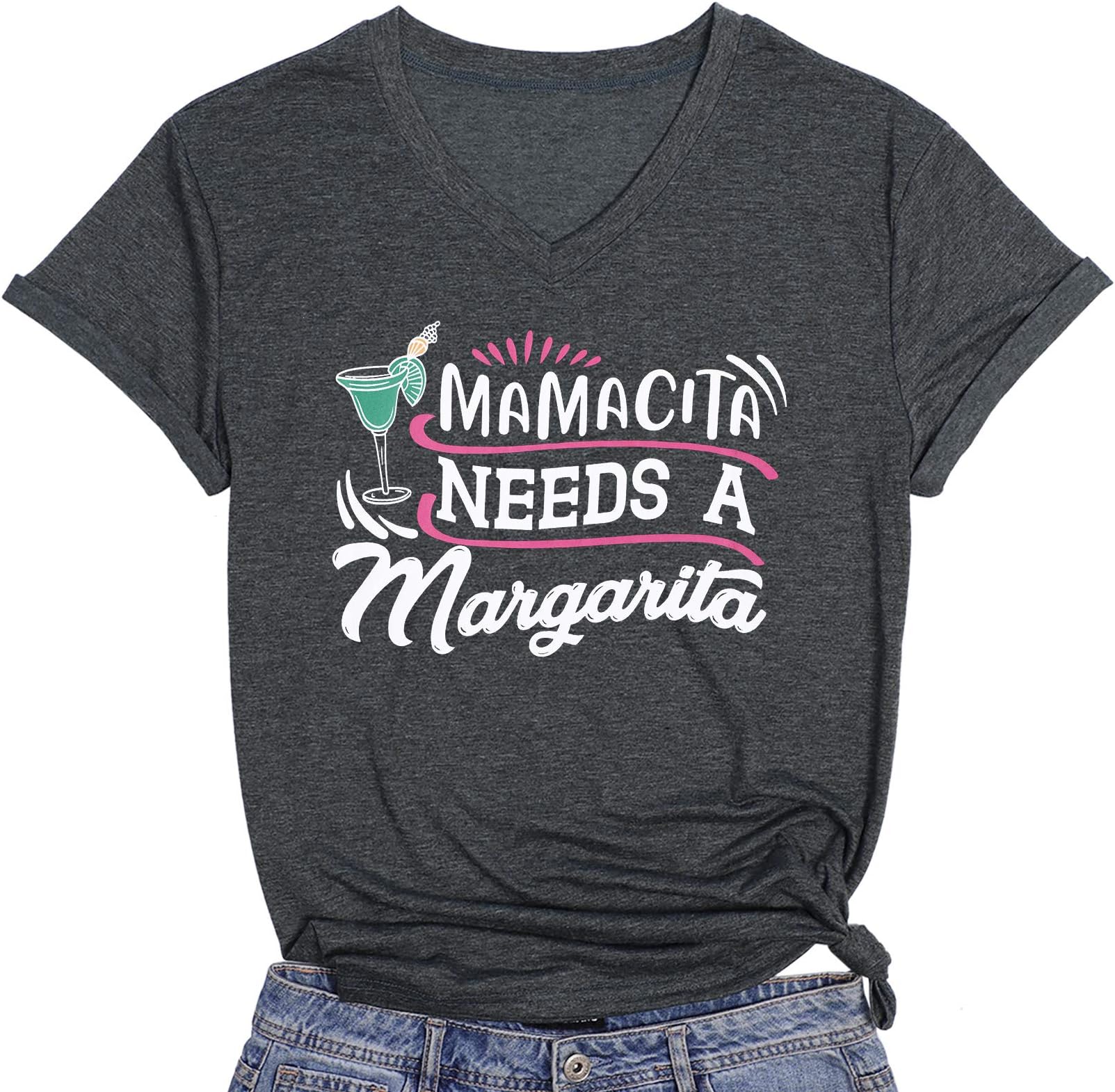 BANGELYMamacita Needs A Margarita T-Shirt Mom Shirt Women Funny Drinking Shirts Short Sleeve V-Neck Graphic Casual Tee Tops