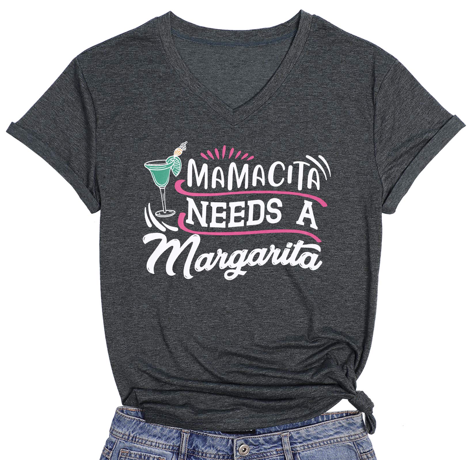 BANGELYMamacita Needs A Margarita T-Shirt Mom Shirt Women Funny Drinking Shirts Short Sleeve V-Neck Graphic Casual Tee Tops