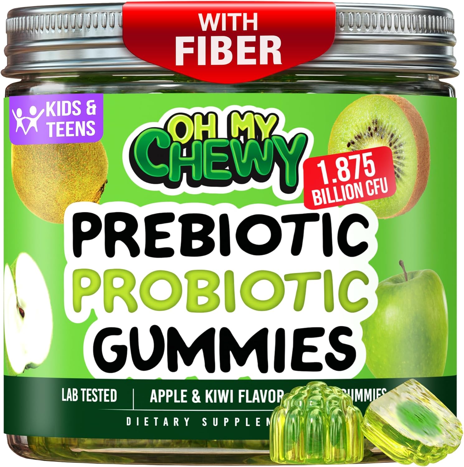 Center-Filled Kids Probiotic Gummies - with Prebiotic and Vegan Inulin Fiber for Digestive Support - Gut Health Supplement for 4+ Yo Children & Teens - Delicious Apple & Kiwi Flavor - 60 CT