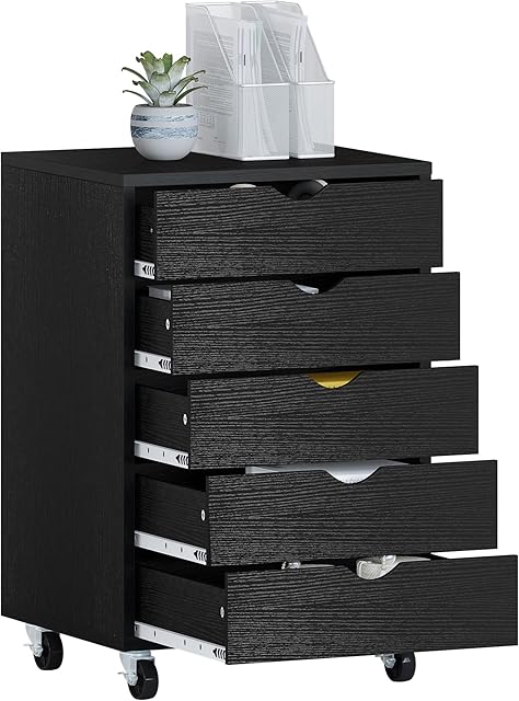 YITAHOME 5 Drawer Mobile Rolling File Cabinet, Wooden Filing Cabinet for A4, Letter Size Document, Under Desk File Storage Cabinet, for Home Office, Portable Vertical Filing Cabinet,Black
