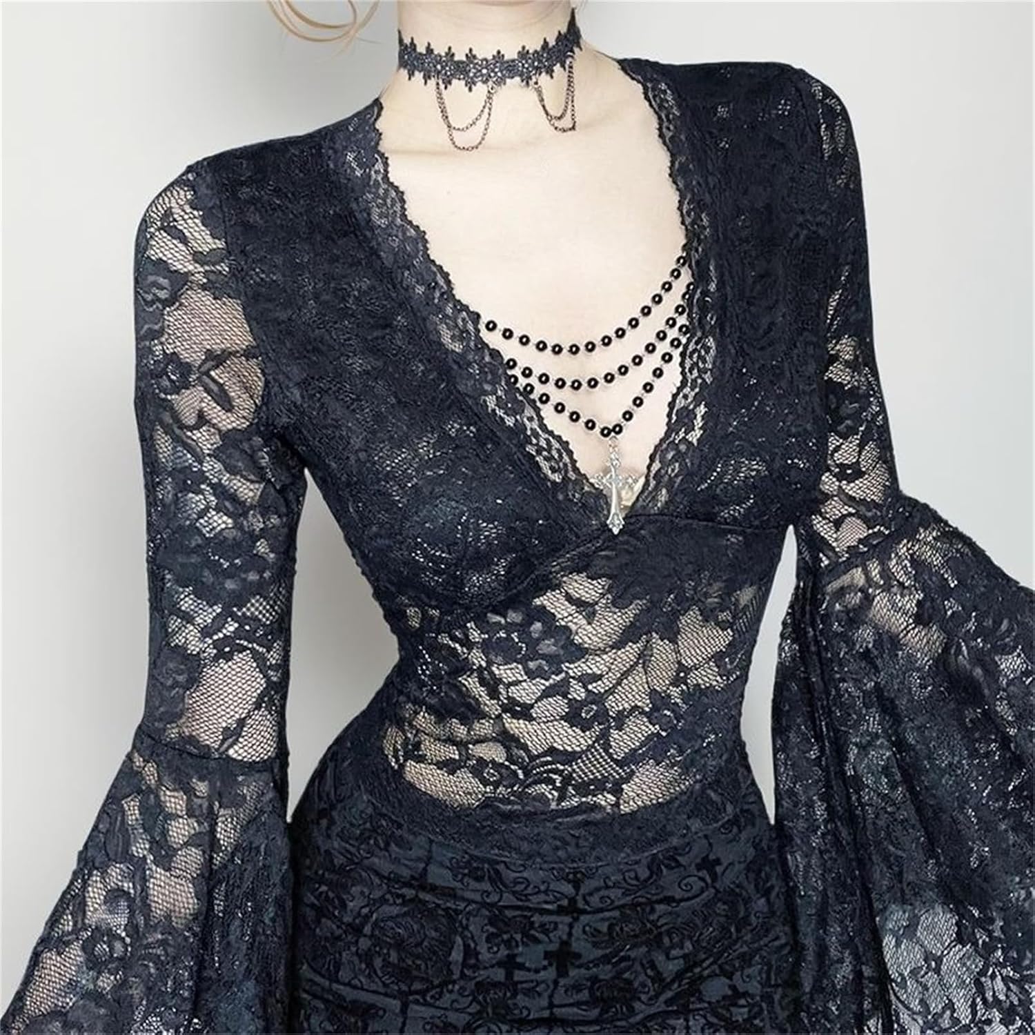 win2win Women Vintage Flowy Deep V Neck Top T Shirt - Lace See Through Bell Long Sleeve Floral Goth Tee Going Out - Image 3