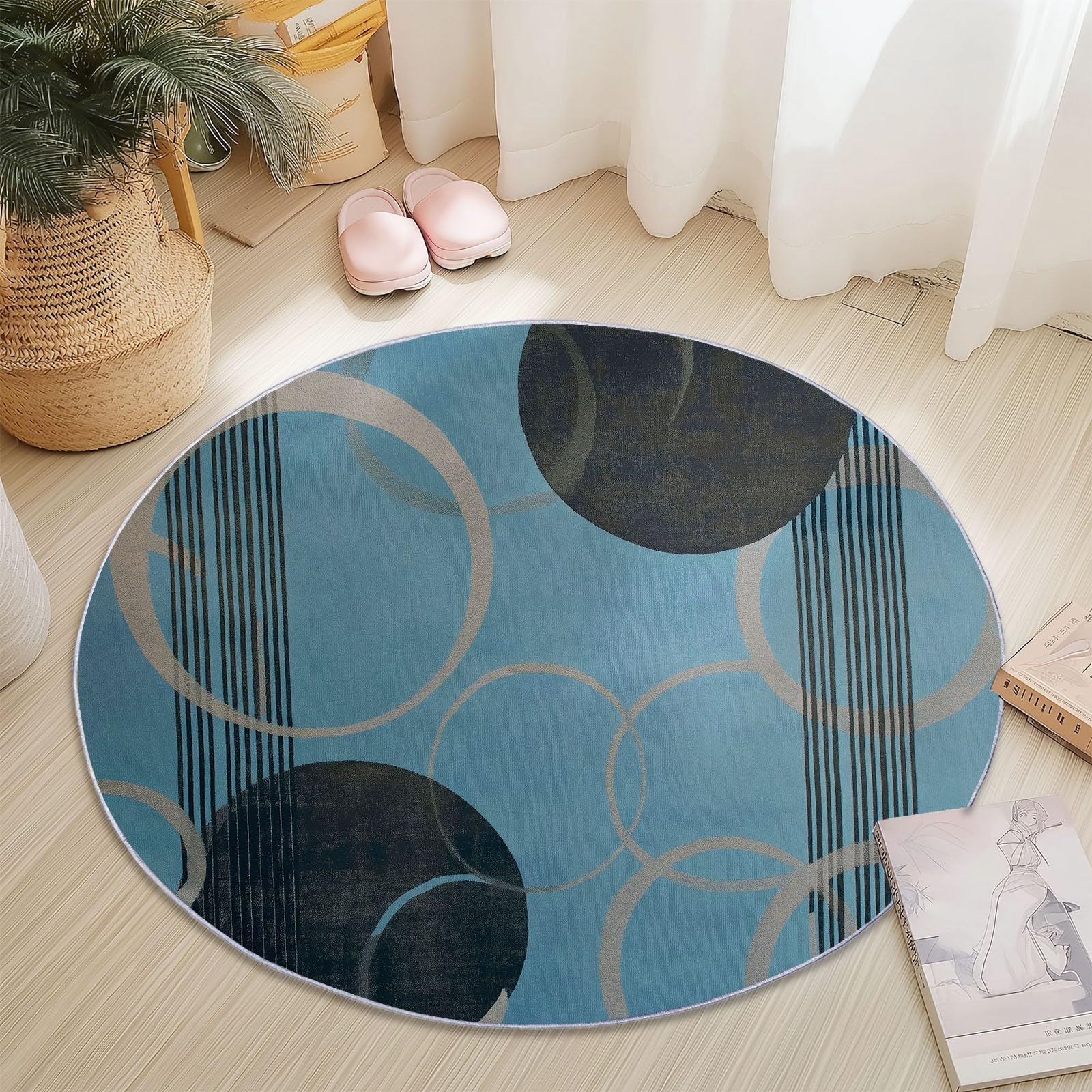 Tapis rond lavable 180cm abstrait bleu pour salon moderne