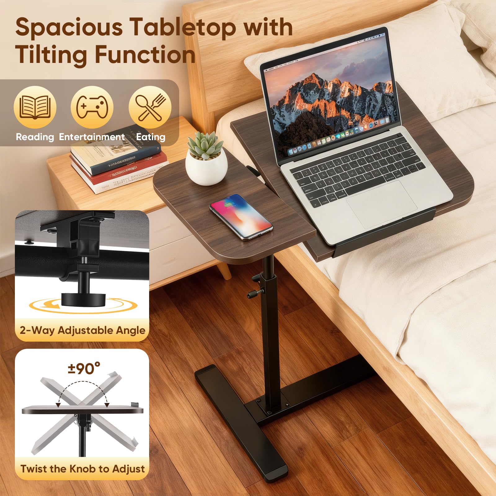 Table Lit Roulette Inclinable, 60×40cm, Scrivania mobile pour ordinateur portable avec roulettes, Plan de travail inclinable, bureau ergonomique pour home office, travail et salon, Brun Noyer