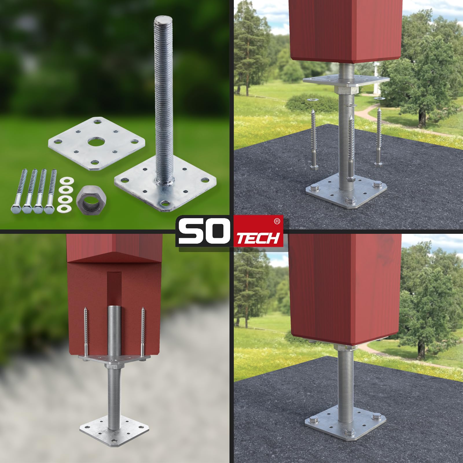 SOTECH set di 4 supporti per pali 80 x 80 x 250 mm filettatura M24 acciaio zincato a caldo supporto asta di supporto regolabile in altezza base del palo per avvitamento resistente alle intemperie