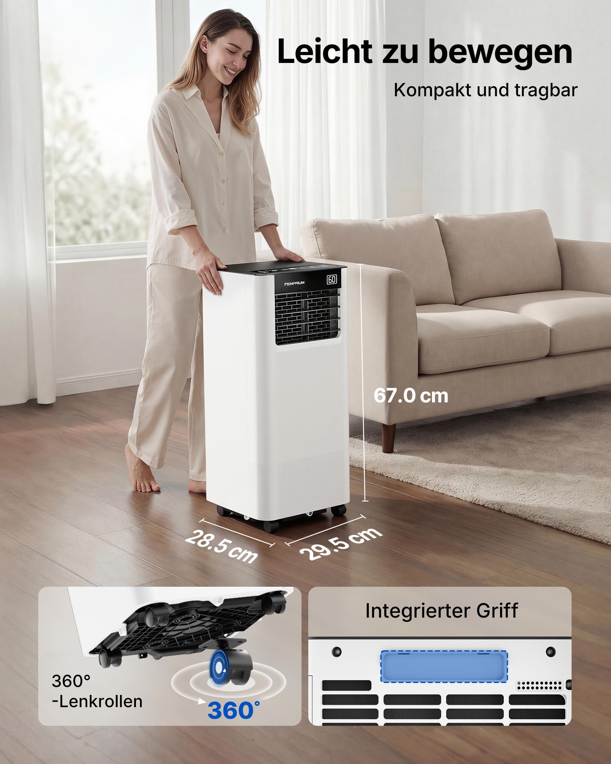 Mobile Klimaanlage 7000BTU 2,0Kw mit Abluftschlauch | 3-in-1 Mobiles Klimagerät | Fensterabdichtung | APP-Steuerung + Fernbedienung | Leiser Betrieb | 24h-Timer | Für Räume bis 20m²