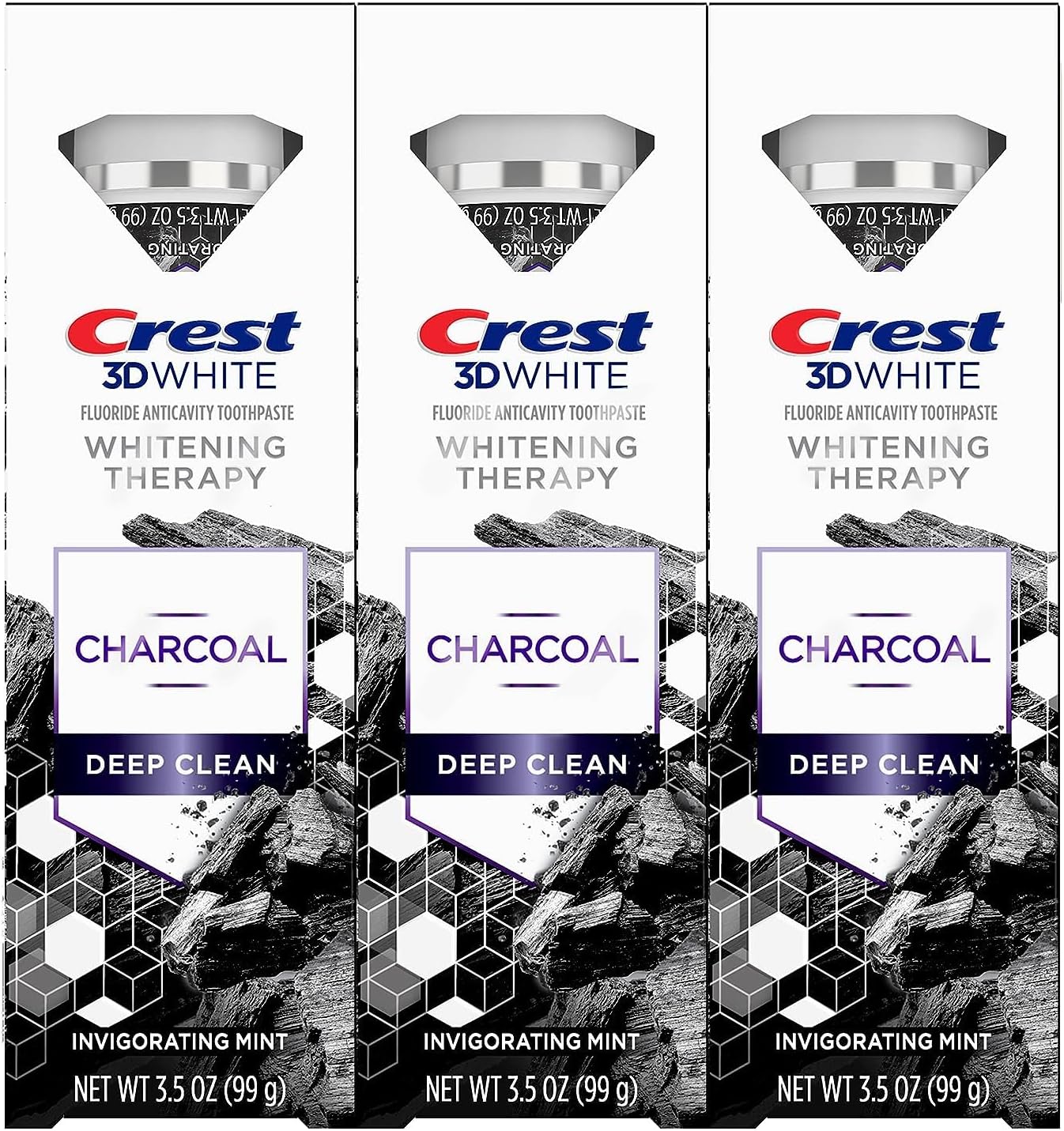 Crest 3D White Whitening Therapy Charcoal Deep Clean Fluoride Toothpaste, Invigorating Mint, 3.5 Ounce, Pack of 3
