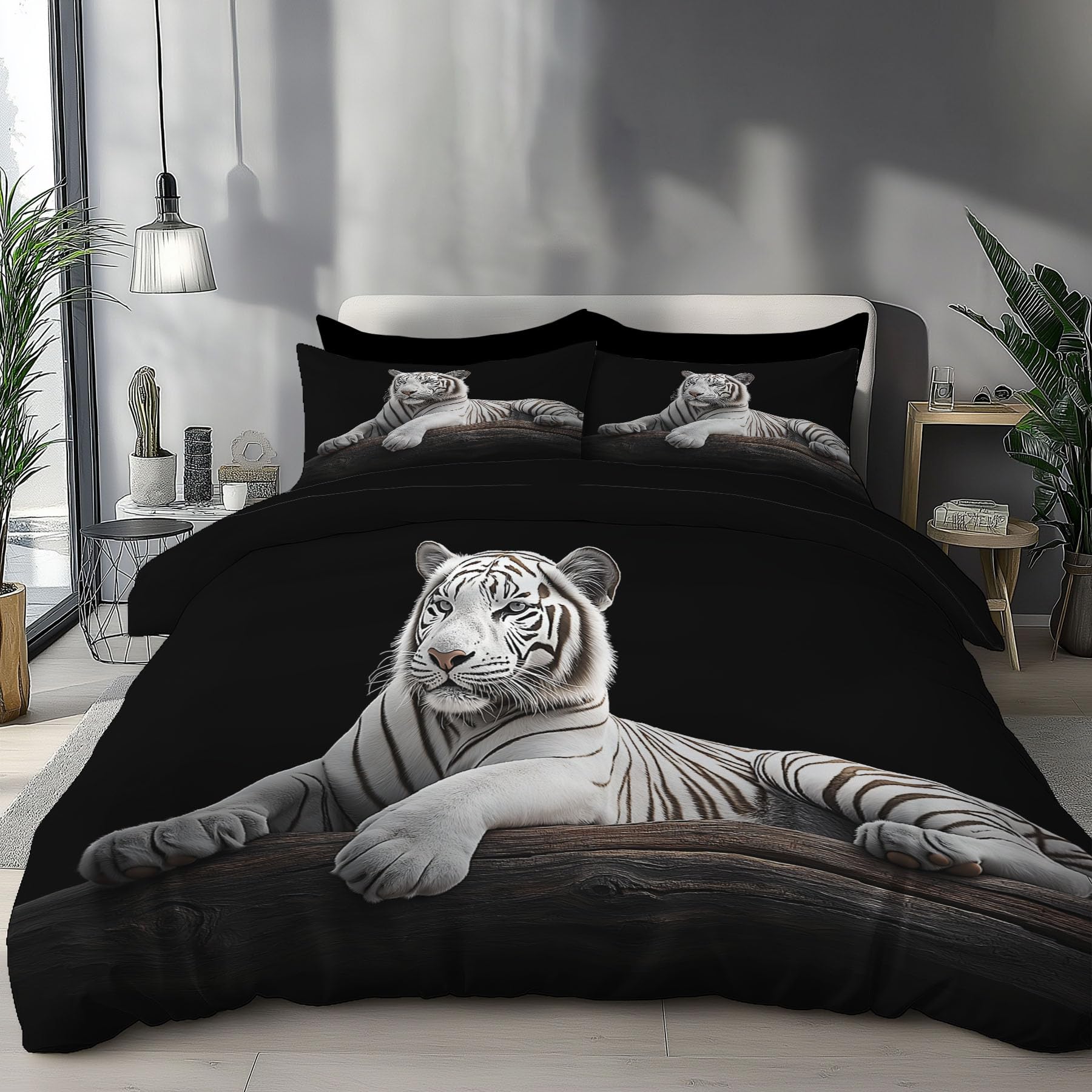 Parure de lit 2 personnes haut de gamme motif tigre blanc avec housse de couette 200x200