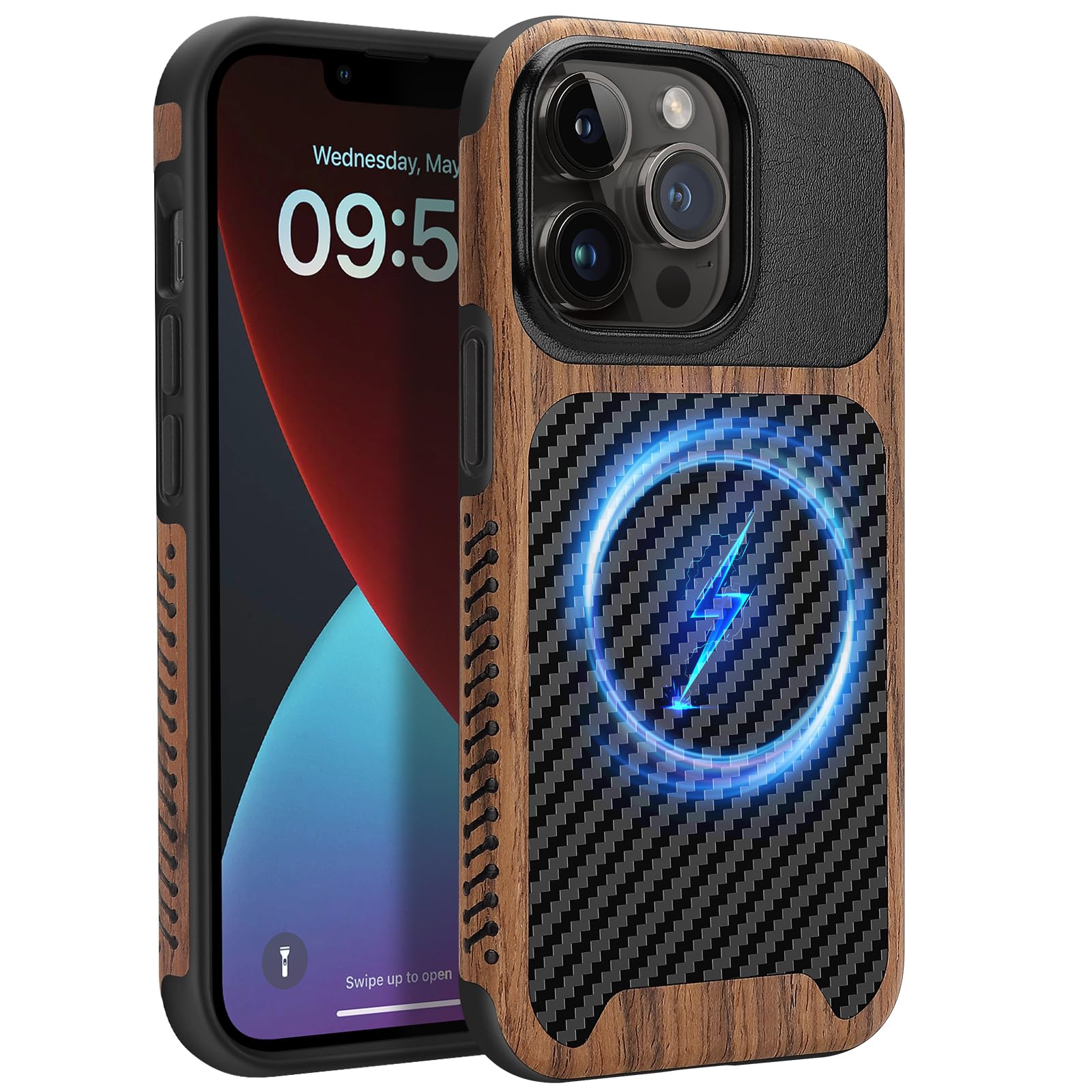 ZZDZZ Magnetic Case Compatible with iPhone 13 Pro Max Case [Compatible with MagSafe] Wood and Leather Carbon Fiber Design Hybrid Shockproof Phone Case