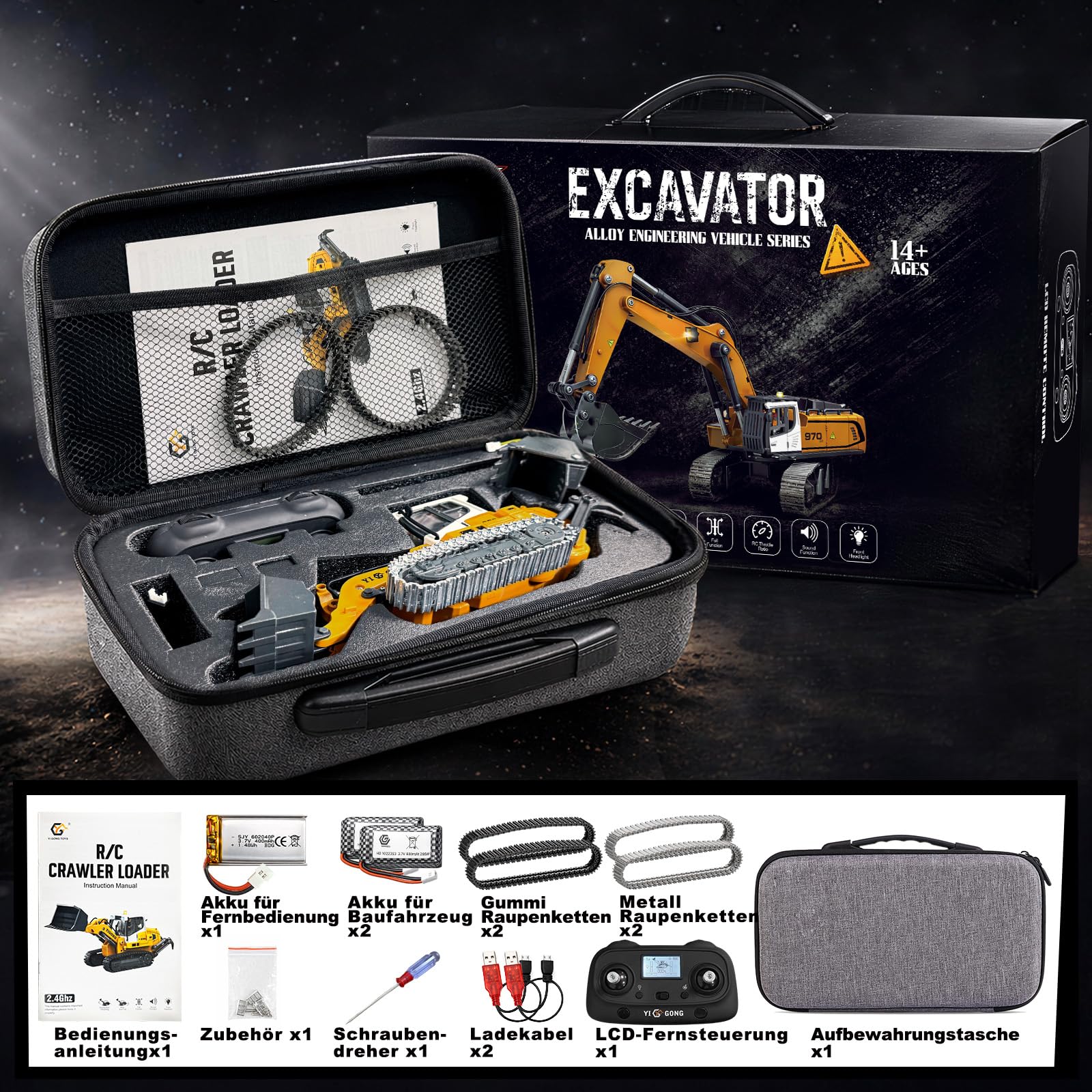 RC Radlader 1:50,Mini RC Loader Laderaupe Spindelantrieb | mit Metallschaufel, Metallketten, 2,4 GHz LCD-Fernbedienung, Licht & Sound, 2 Akkus, für Erwachsene und ab 6 Jahren