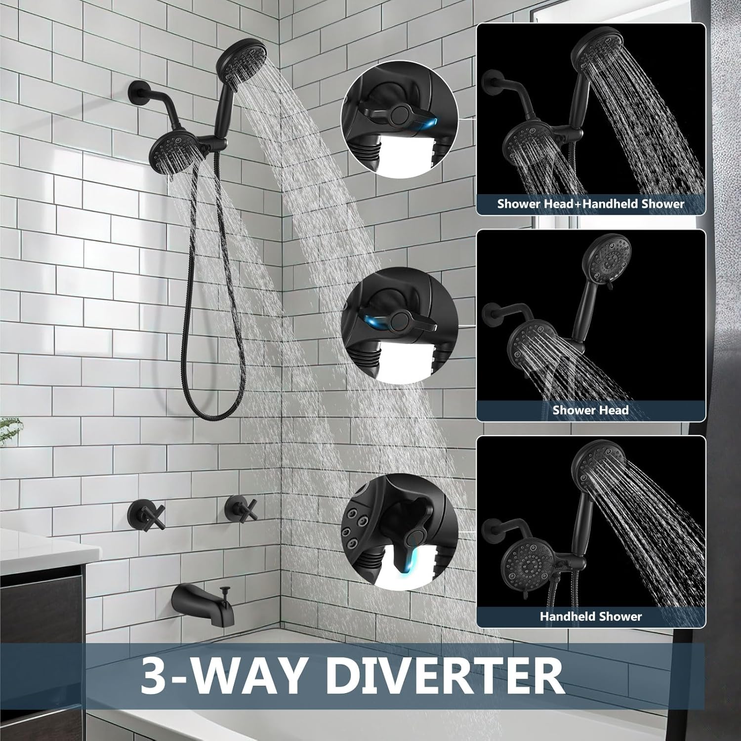 Aolemi 2 Handles Tub Shower Faucet Set with Valve Bathtub Combo Set Dual Shower Head System Complete Trim Kit Wall Mounted Matte Black - Image 7