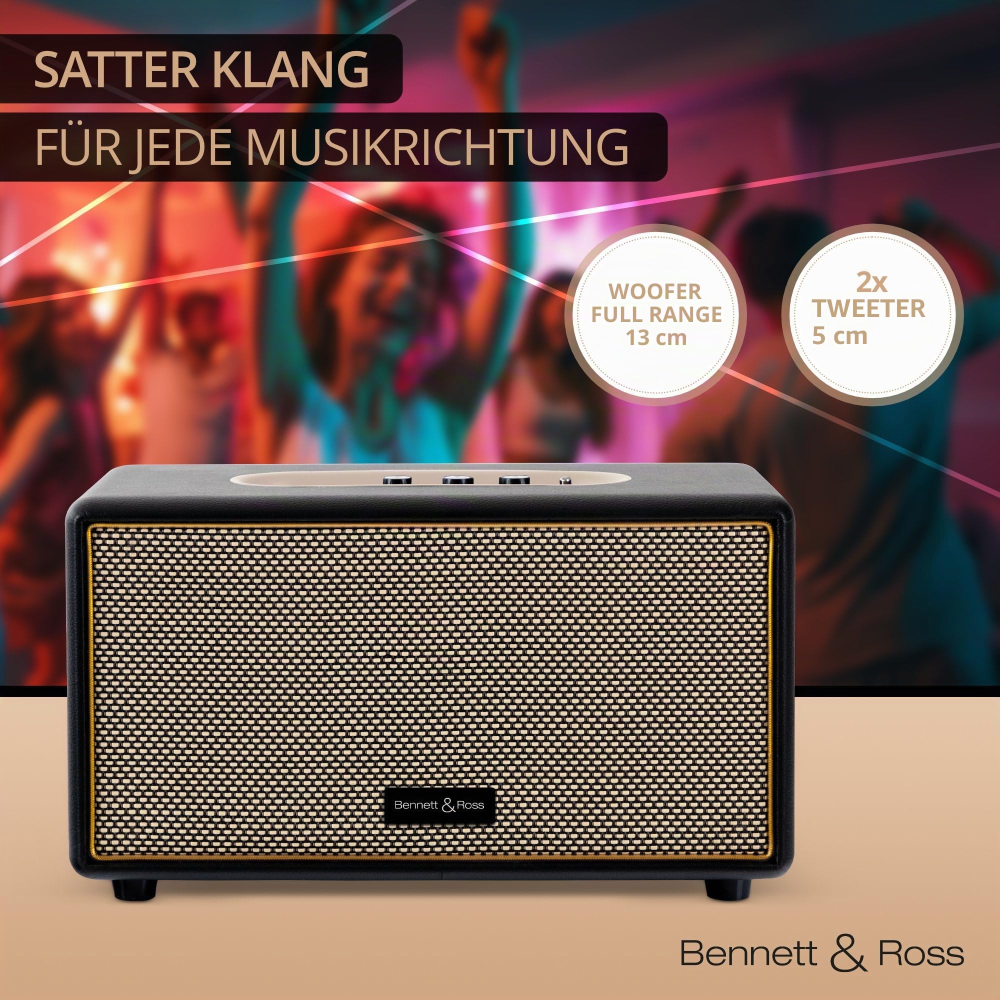 Bennett & Ross BB-860BK Blackmore Haut-Parleur Bluetooth rétro en Cuir - Haut-Parleur Vintage avec 2X 30W - Speaker Entrée USB avec Lecteur MP3 - Jack 3,5 mm avec aux-in - Enceinte en Noir
