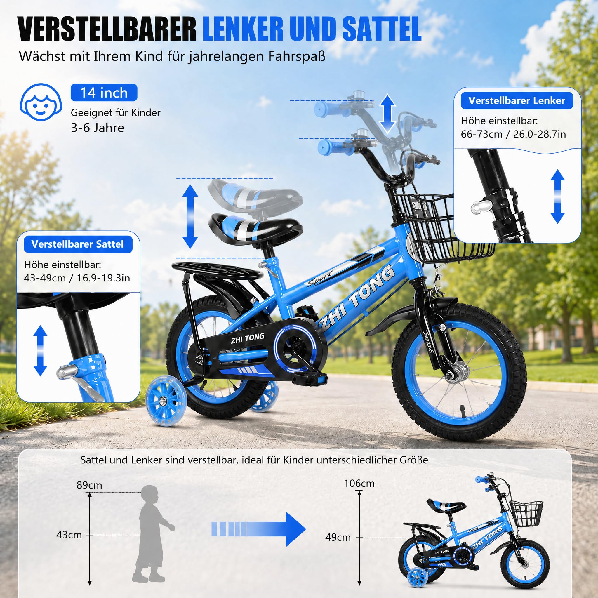 Kinderfahrrad 14 Zoll, Kinder Fahrrad ab 3-6 Jahre Junge und Mädchen, Höhenverstellbar Kinderfahrräder mit Stützräder und Duales Bremssystem, Fahrrad für Kinder, Bicycle