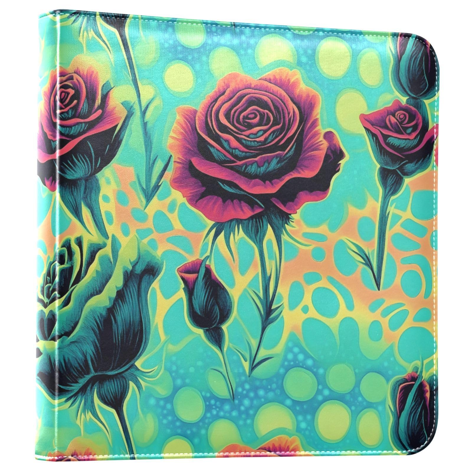 FOLIOSA Photo Album Abstract Roses Print Leather Cover, Self Adhesive Scrapbook Album for 2x3, 4x6, 5x7, 6x8 Photos for Family Travel Wedding