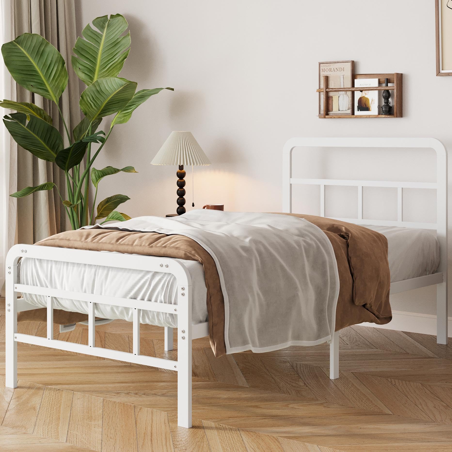 Yicensen 3ft Single Bed Frame with Curved Headboard and Footboard, 36cm Height Single Metal Bed Frame with Heavy Duty Slat Support, Underbed Storage Space, Easy Assembly, Noise Free, White
