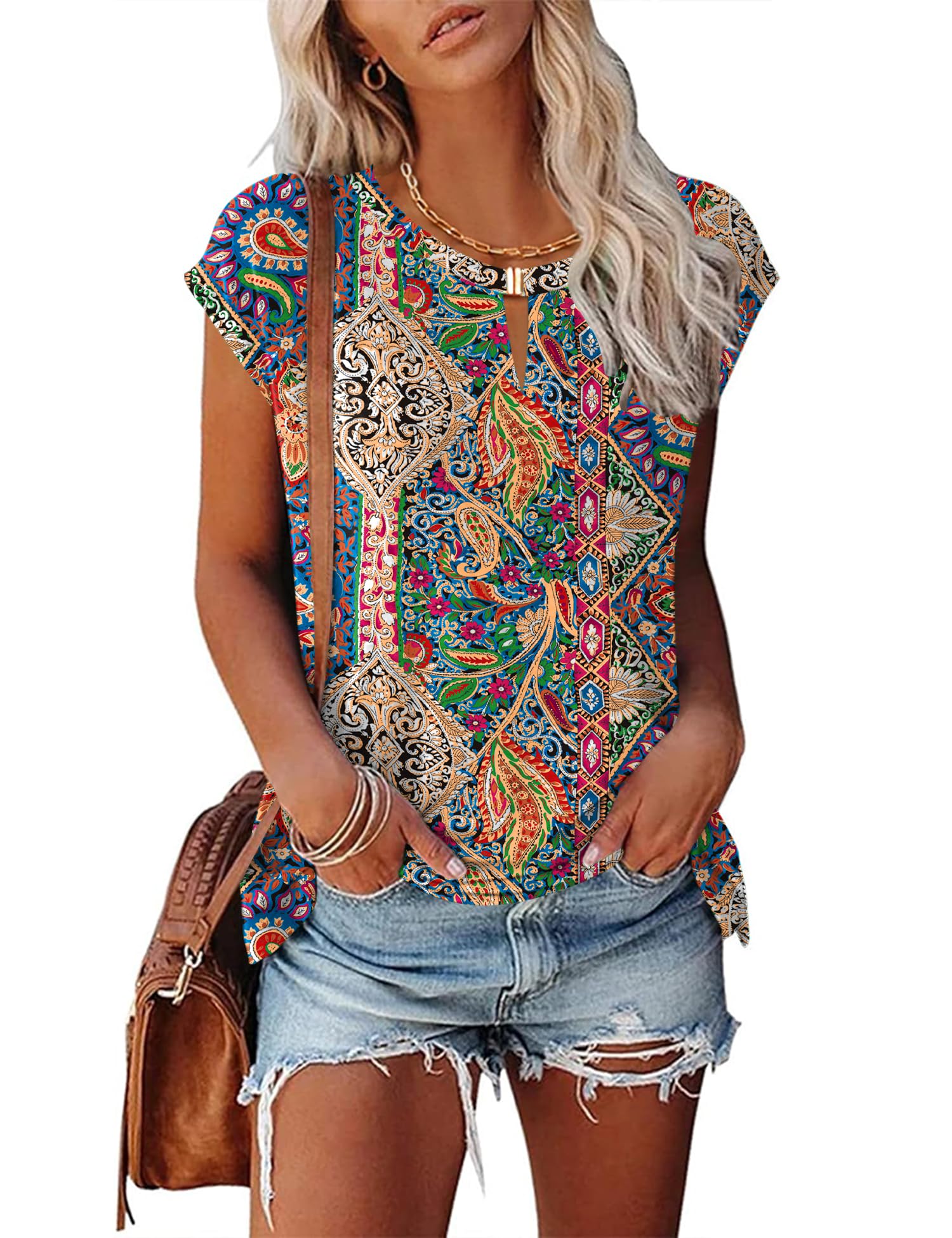 Kistore Women's Summer Casual V Neck Tank Tops Cap Sleeve Loose Fit Blouses Tunic Shirts