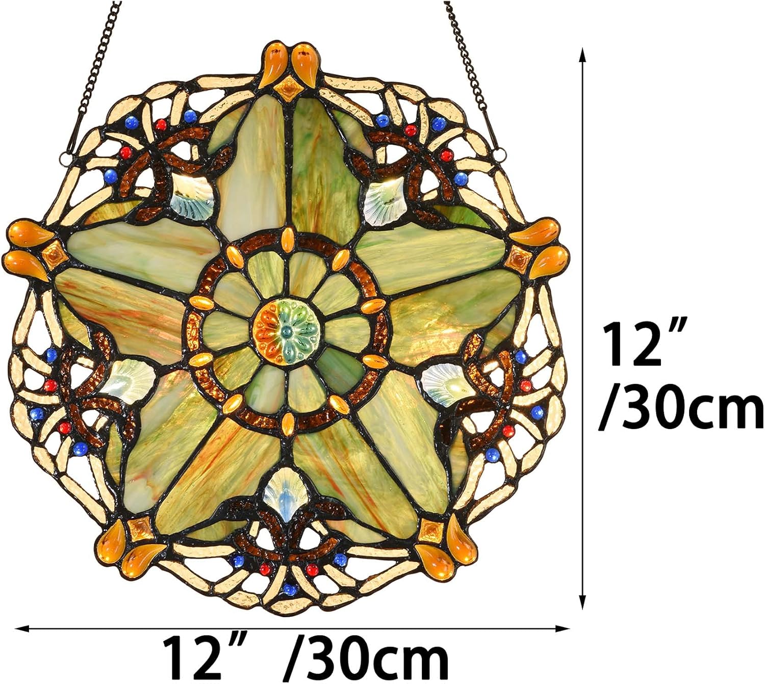 Bieye W10072 Baroque Tiffany Style Stained Glass Window Hanging Panel 12 inches Wide Round with Five-Pointed Star Design (Green)