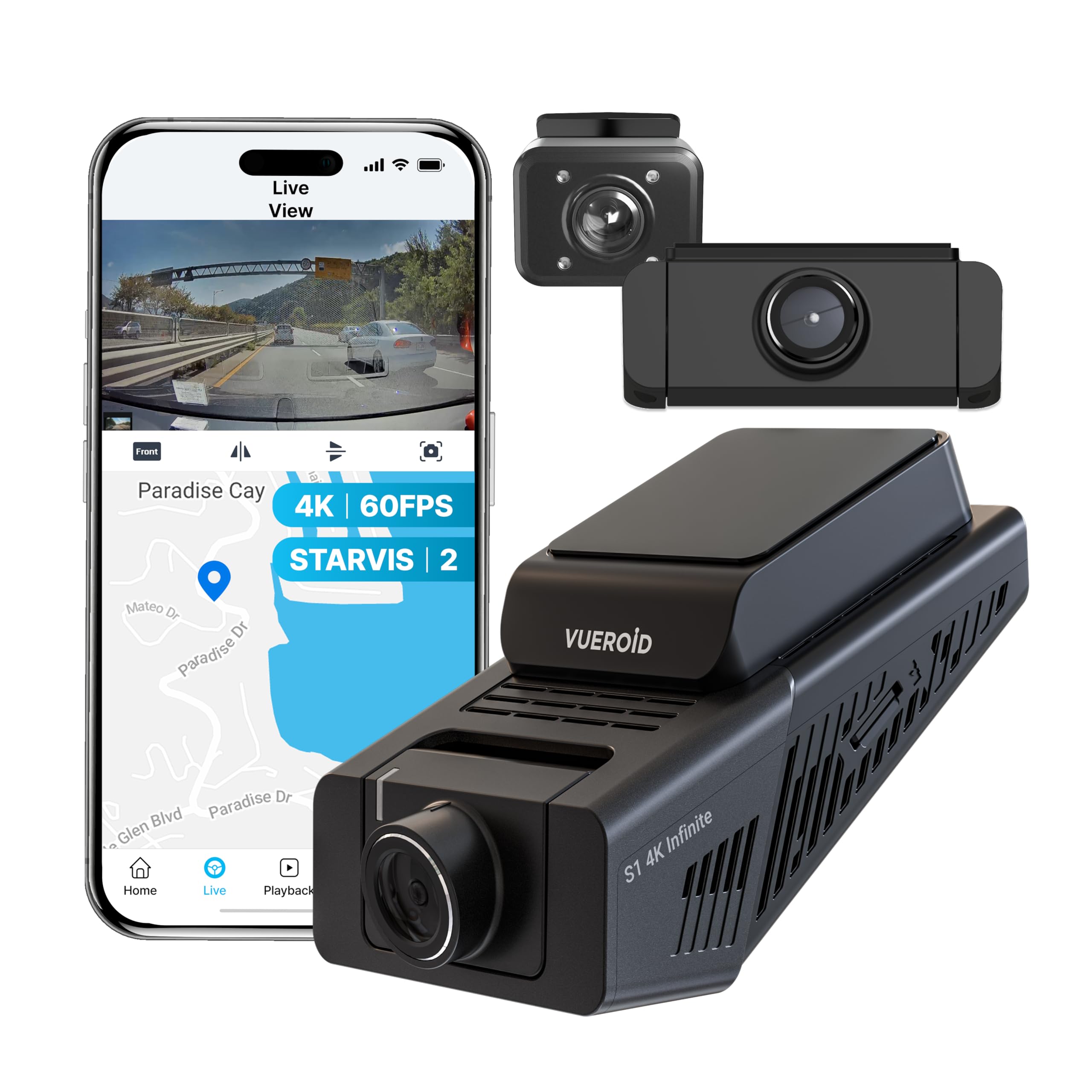 Main image of the Vueroid S1 4K Infinite 3 Channel Dash Cam, showing the front unit with its display and the separate interior and rear cameras.