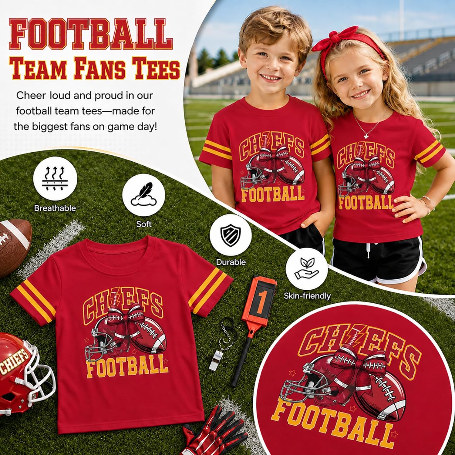 Kids Girl Boy Game Day Football T-Shirt Short Sleeve Sports Team Fans Tees
