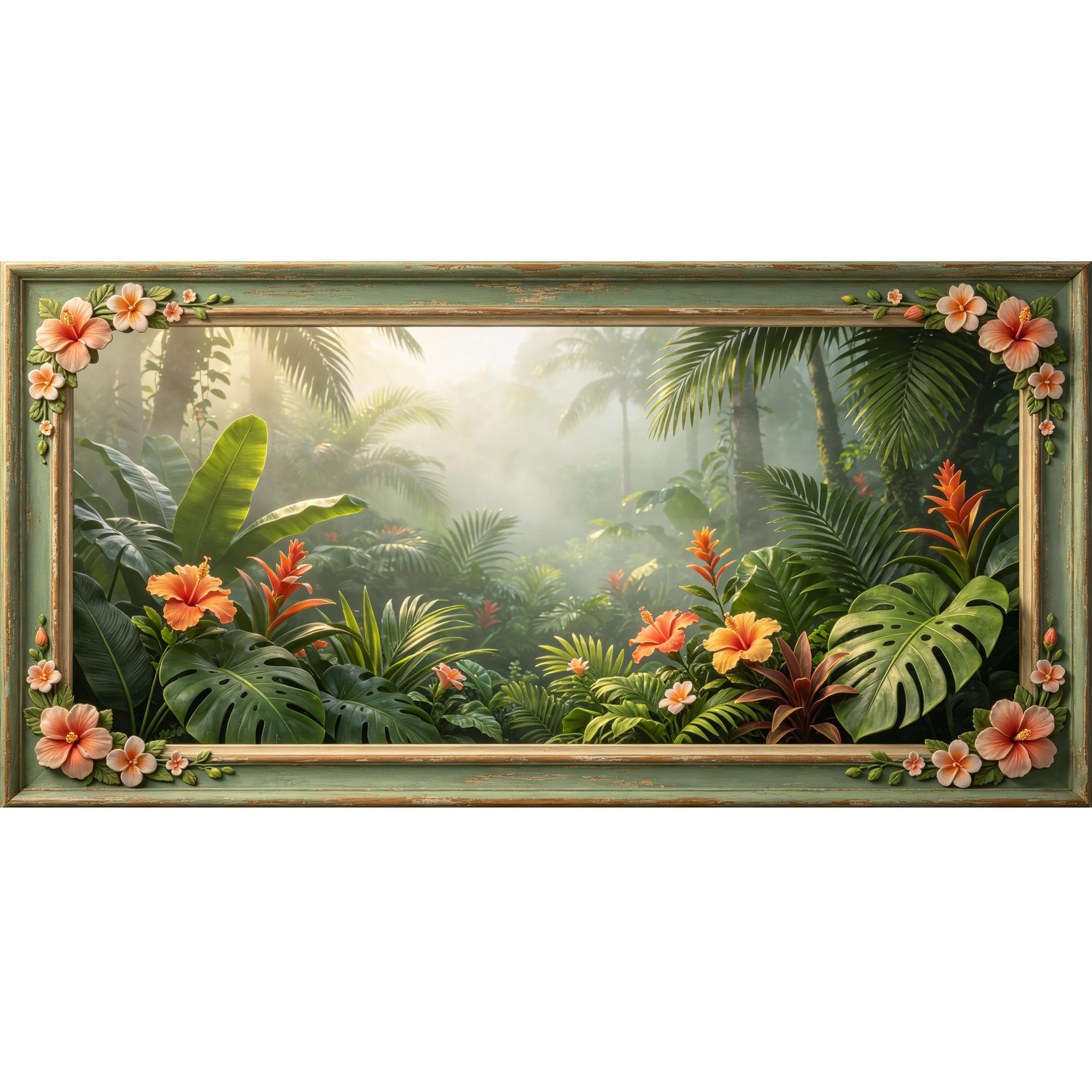Agglomerix 3D Framed Wall Art Tropical Jungle Palm Leaves Hibiscus Exotic Flowers Botanical Relief Effect Large Size SelfAdhesive Removable Wall Decor Prints Artwork for Living Room Bedroom Office