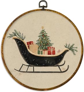 XPH Vintage Christmas Sleigh Round Wall Art Framed, Rustic Winter Christmas Circle Wall Decor, Neutral Cozy Winter Xmas Hanging Canvas Prints for Home Bedroom Living Room Decoration, 10x10 Inch