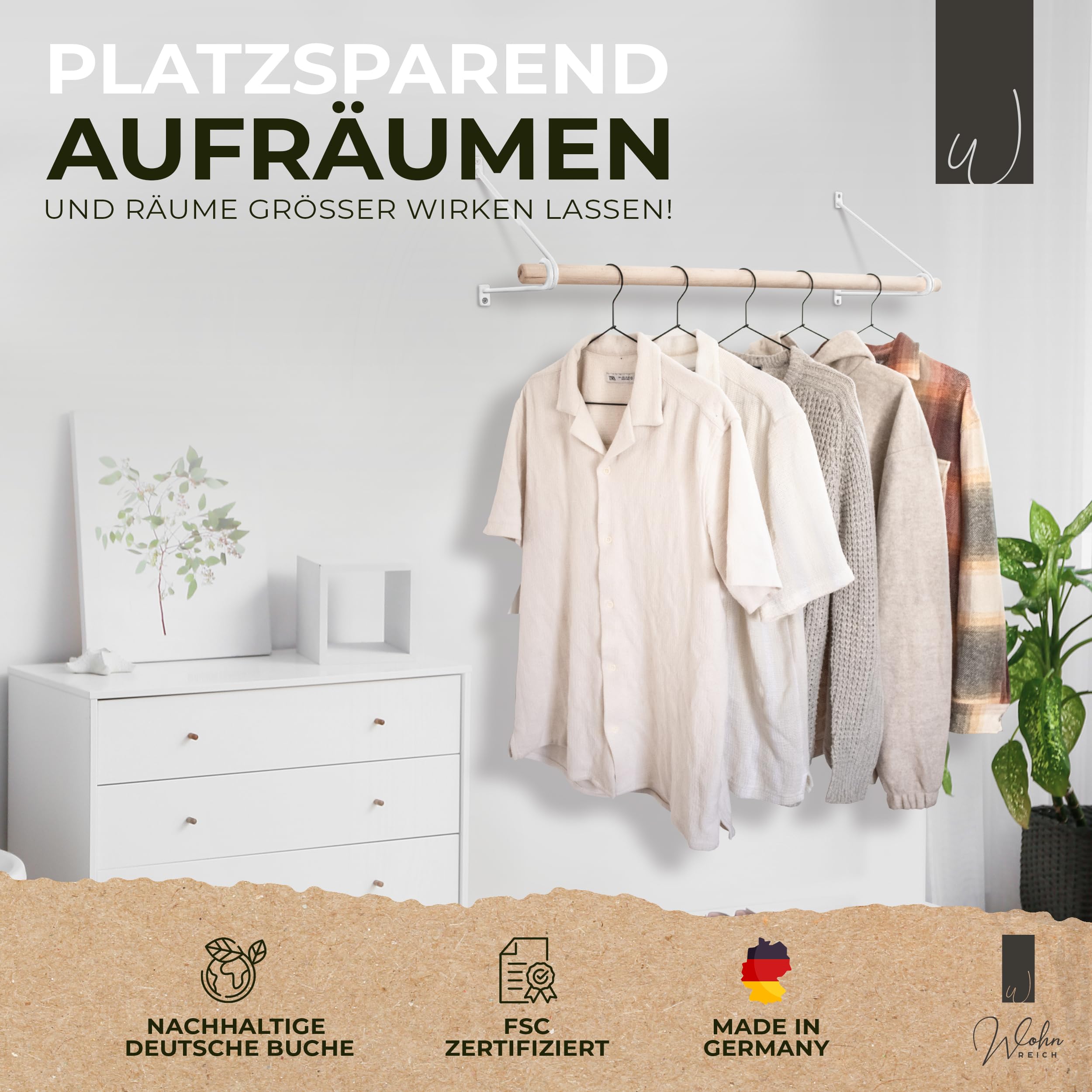 Kleiderstange Wandmontage [Verschiedene Längen & Farben] Länge 110cm Weiß | Wand-Garderobe Holz & Metall | Kleiderständer & Garderobenleiste | Flur Möbel im Industrial Stil | Deutsche Buche