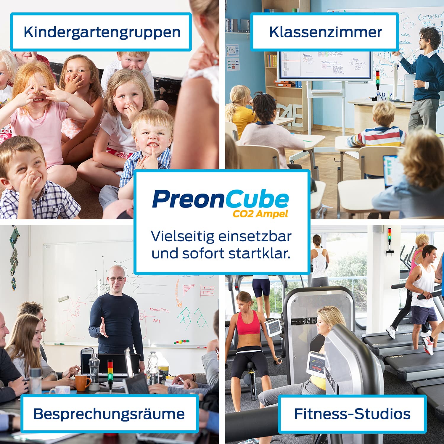 PreonCube CO2 Ampel CO2 Messgerät für bessere Raumluft | 360° Ampel, Sensoren für CO2, Temperatur, Luftfeuchtigkeit, aktivierbarer Warnton, WLAN, Made in Germany