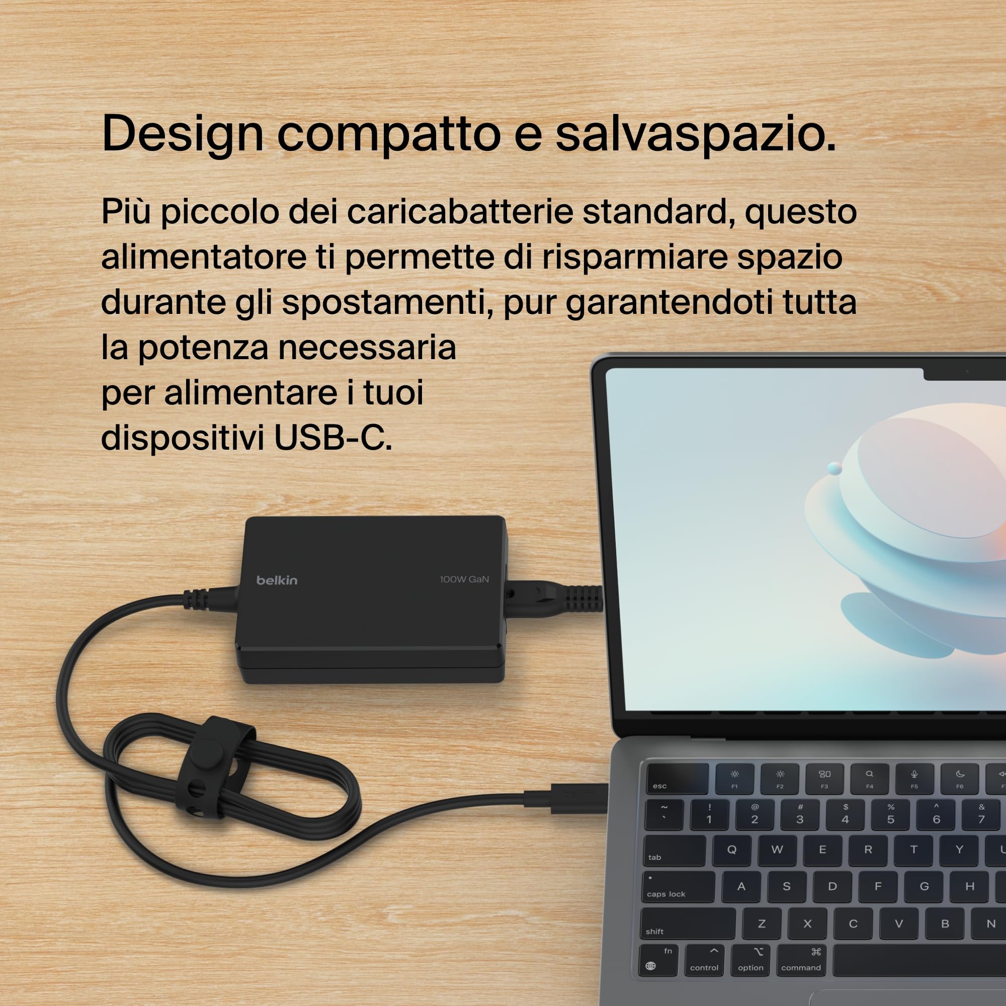 Belkin Connect Core Adattatore di alimentazione GaN USB-C da 100 W, alimentatore rapido USB-C universale, Power Delivery da 100 W, connessione da 2,5 m, per gaming, MacBook Pro, laptop PC e Chromebook