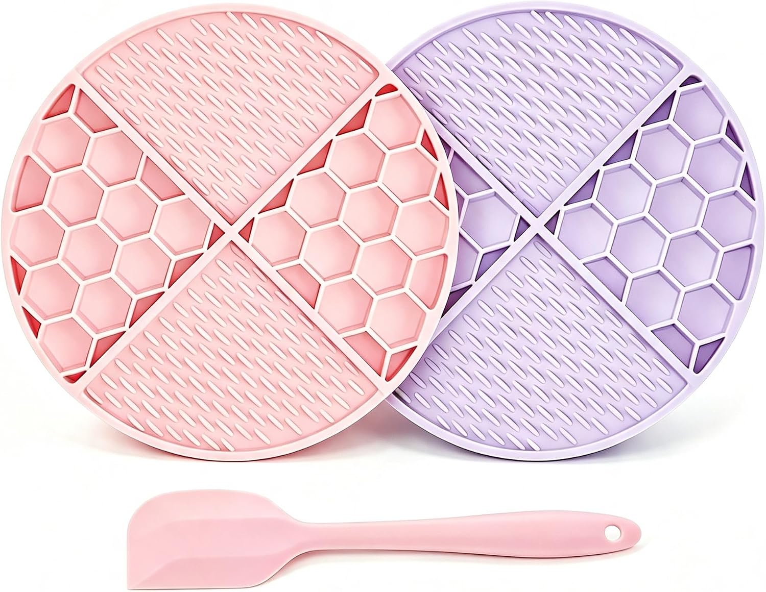 2Pcs Round Honeycomb Lick Mat for Dogs Cats with 61 Suction Cups. | BPA-free silicone mat for walls/floors/fridges; slows eating, reduces anxiety, promotes dental health via honeycomb texture.