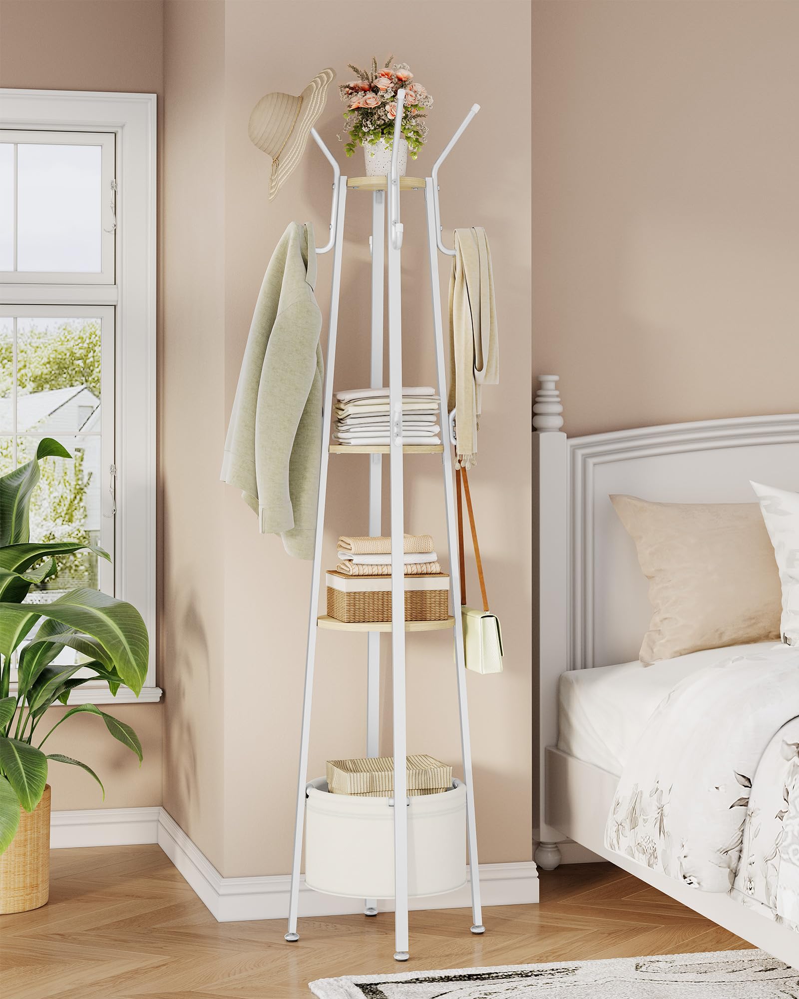 Hzuaneri Garderobenständer, Kleiderständer mit Großer Aufbewahrungskorb, Garderobe mit 3 Ablagen, 16 Haken, für Eingangsbereich, Schlafzimmer, 182,5 cm Hoch, Goldeichenfarben und Weiß CR27316W
