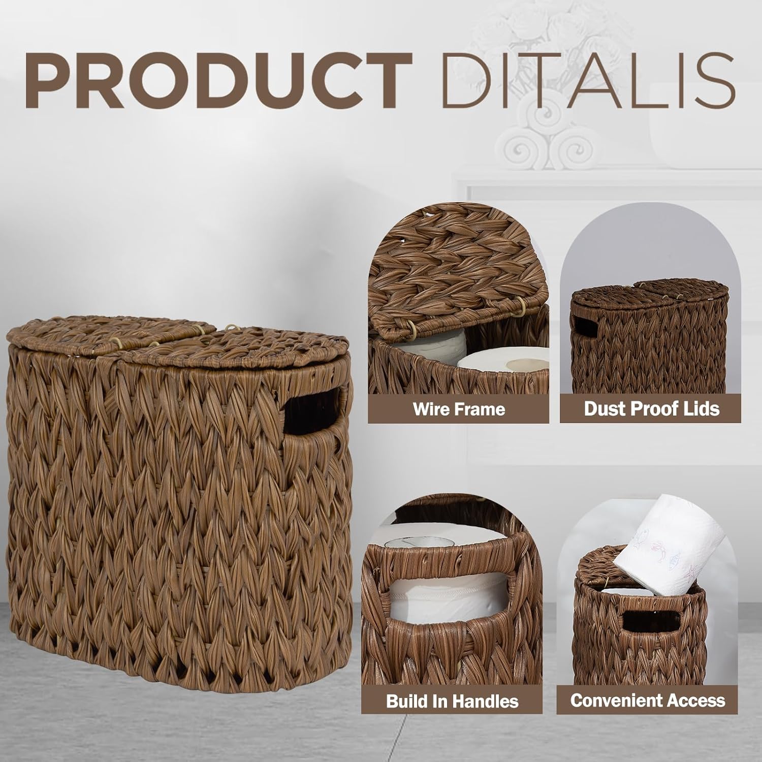Toilet Paper Storage with Double Lid, Toilet Paper Basket for Storage, Waterproof & Freestanding Tissue Holder for Bathroom, 4 Rolls, Brown - Image 5
