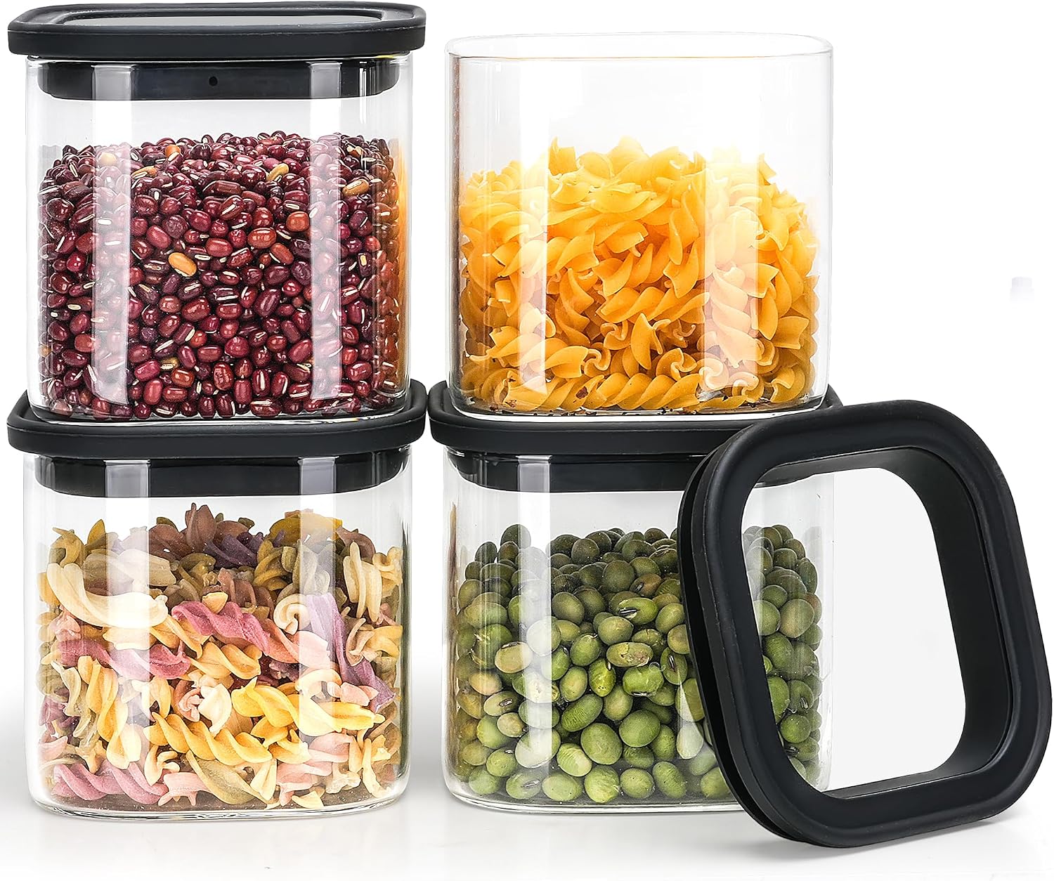 Storage Jars Set (4 x 600 ml) Square Storage Containers with Silicone Lids in Black (with Viewing Windows) - 10 x 10 x 10 cm - Glass Storage Jars with Lid