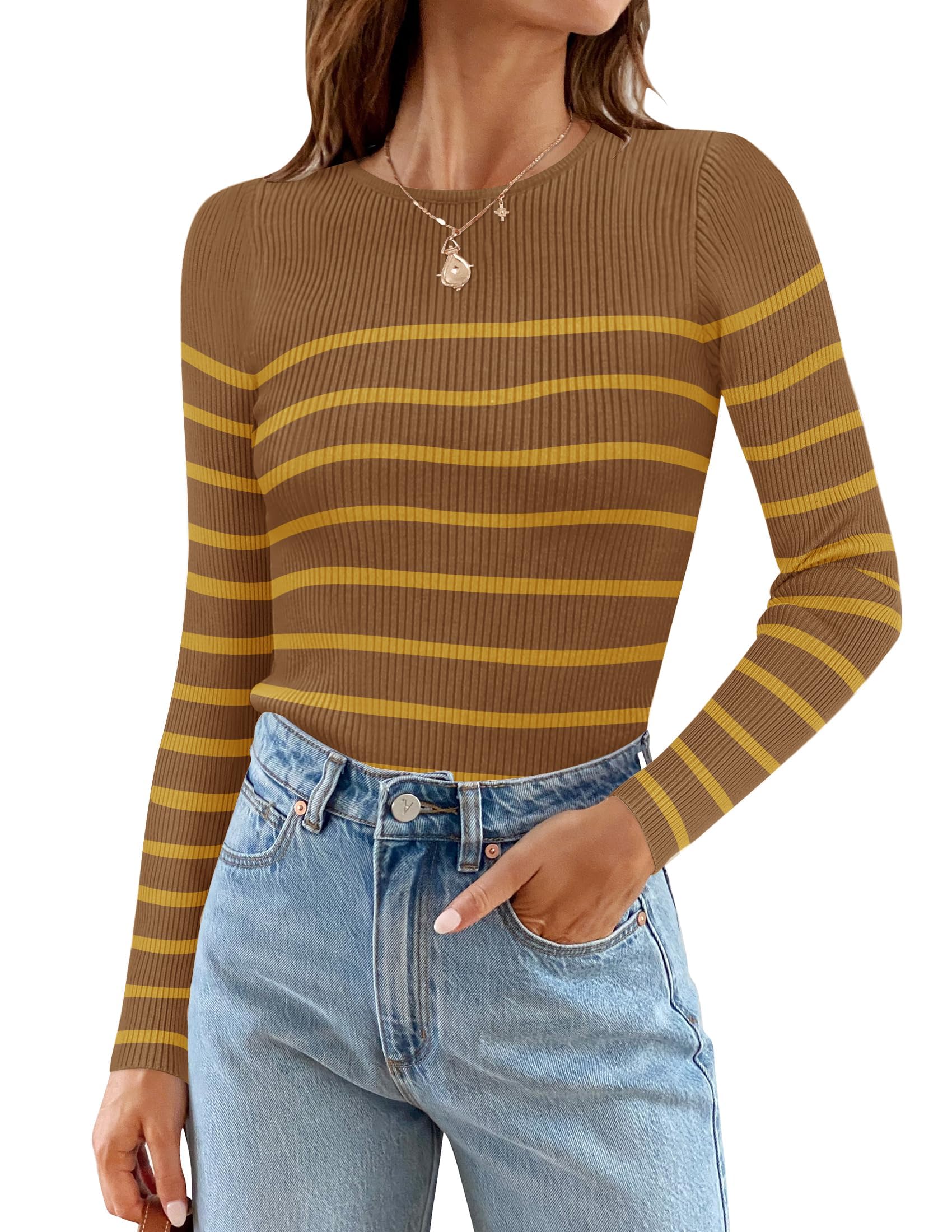 ZESICAWomen's Long Sleeve Crewneck Striped Shirts 2024 Fall Ribbed Knit Sweater Slim Fitted Casual Basic Tee Tops
