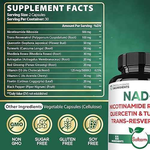 Miniatura 2 de Satoomi Suplemento NAD para mujeres - NAD nicotinamida ribósido resveratrol 900 mg, quercetina, cúrcuma, astrágalo, ginseng, vitamina D3, vitamina C