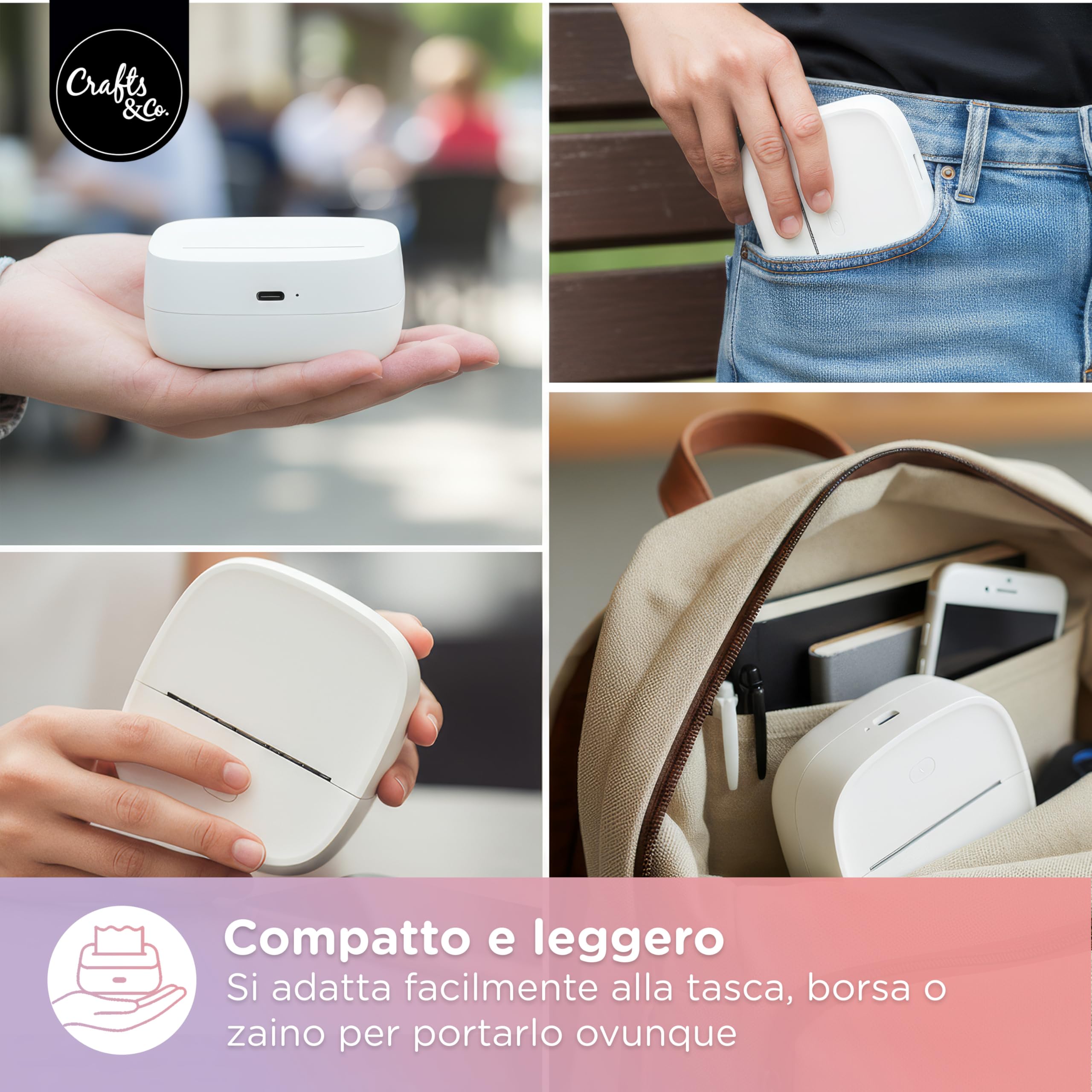 Crafts&Co Mini stampante tascabile | stampante portatile Bluetooth per smartphone adesivi e appunti, stampante termica senza inchiostro, dimensioni 8 x 8 x 3 cm, colore bianco