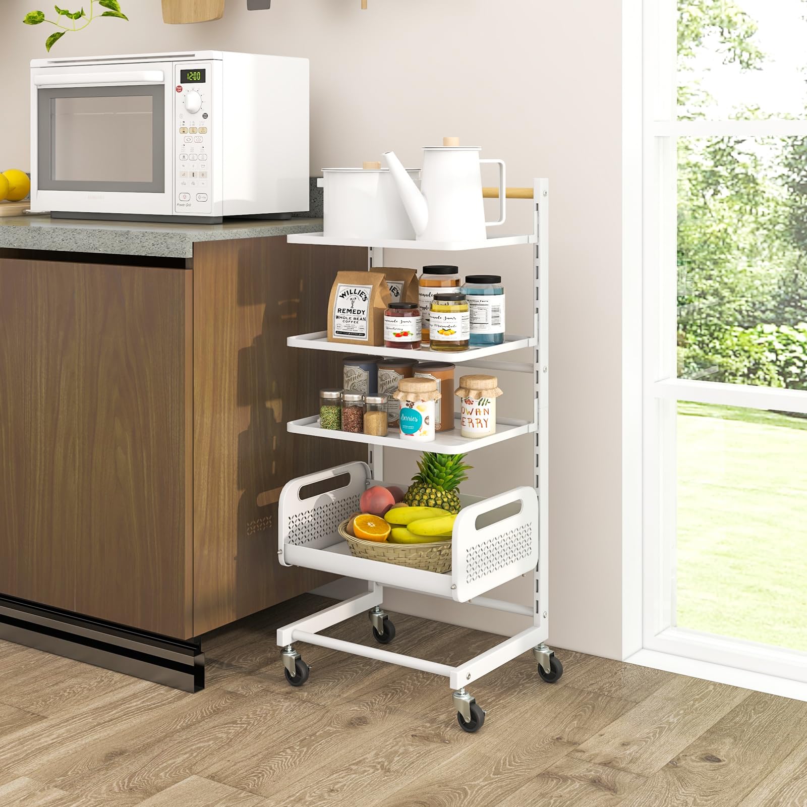 GIANTEX Carro de Almacenamiento de 4 Niveles, 35,5 x 29 x 84,5 cm, Estantería con 4 Ruedas, Estante Ajuestable con 20 Posiciones, Carrito Auxiliar con 3 Estantes y 1 Cesta, para Cocina, Salón