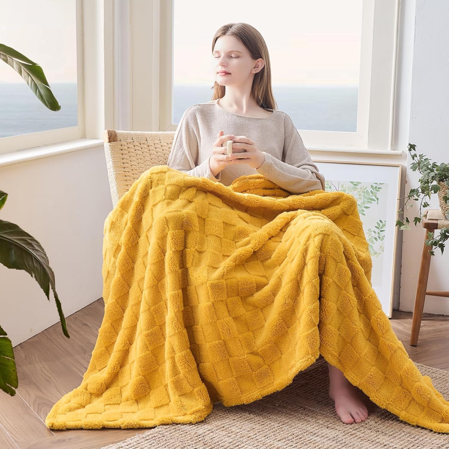 NEWCOSPLAY Super Soft Queen Blanket Mustard Yellow Premium Silky Flannel Fleece 3D Checkered Lightweight Bed Blanket All Season Use (Mustard Yellow Checkered, Queen(90"x90")) - Image 4