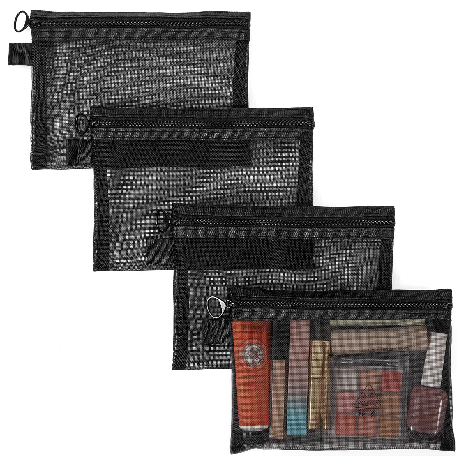 4Pcs Small Make Up Bag, Mesh Makeup Bags for Handbag, Cosmetic Pouch with Zipper, See Through Bag Organiser Pouches for Toiletries, Holiday Travel Essentials for Women Men (Black)