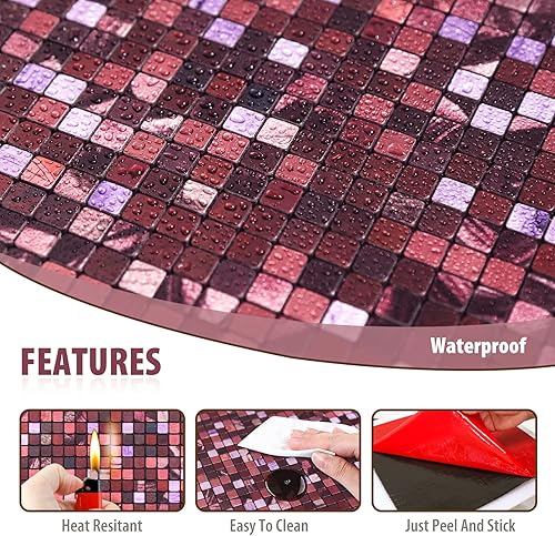 Miniatura 4 de TenasHome 10 hojas de metal para despegar y pegar azulejos en la cocina, baño, chimenea, decoración de pared en vidrio retro fucsia