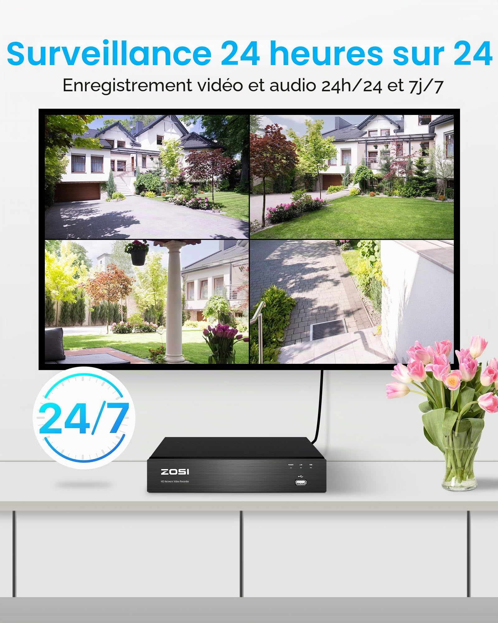 ZOSI 8CH 4K NVR PoE Kit avec 5MP 3K Camera de Surveillance PoE, Audio Bidirectionnel, Vision Nocturne Couleur, Détection de Personne et Véhicule, Accès à Distance, Enregistrement 24/7