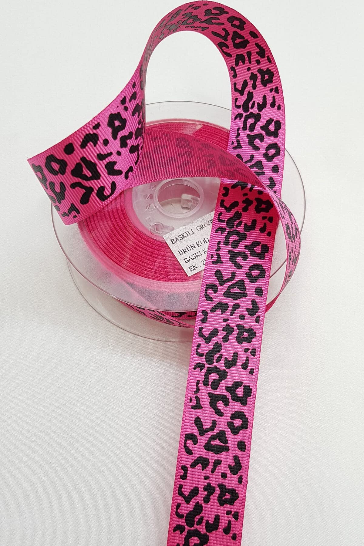 Hobigram Leopar Desenli Fuşya Baskılı Kurdele 2,5 cm