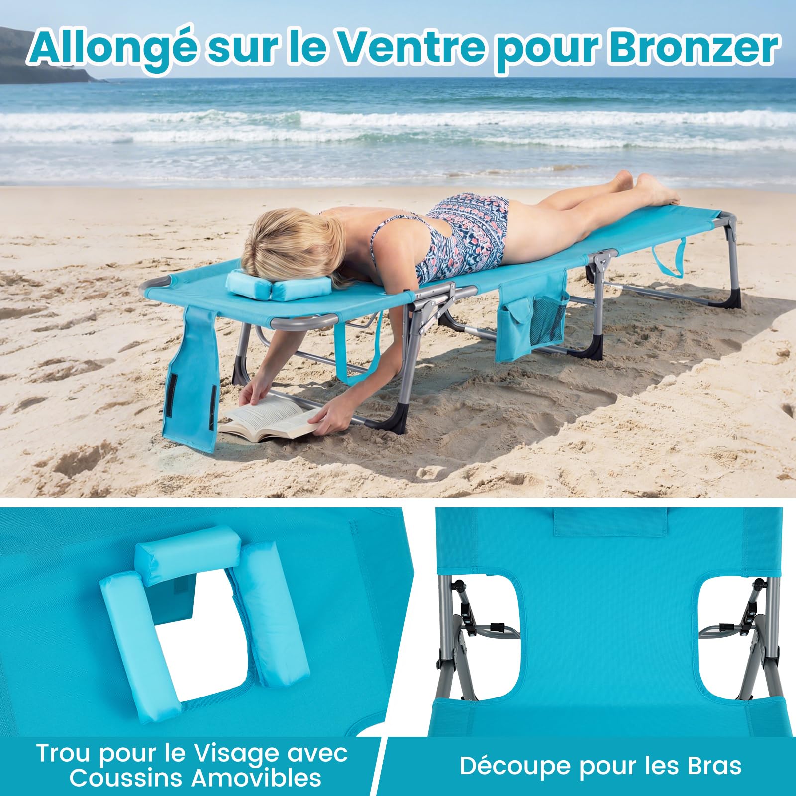 COSTWAY Bain de Soleil Réglable à 4 Positions, Chaise Longue Pliante, Trous pour Visage&Bras, Poche Latérale, Appuie-Tête Amovible, Transat pour Jardin Piscine Terrasse, Charge 150 kg (Turquoise)