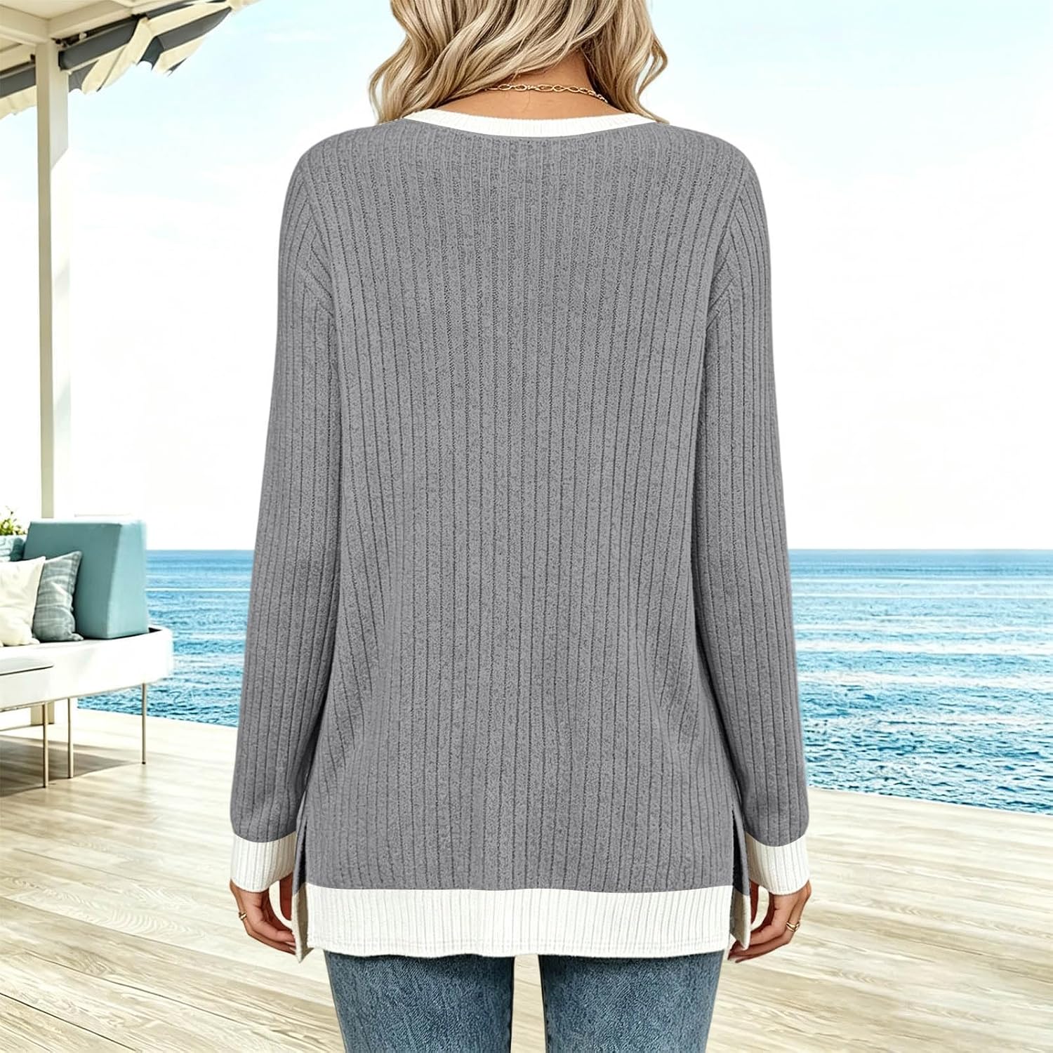Crew Neck Long Sleeve Shirts for Women Ribbed Knit Top with Pocket
