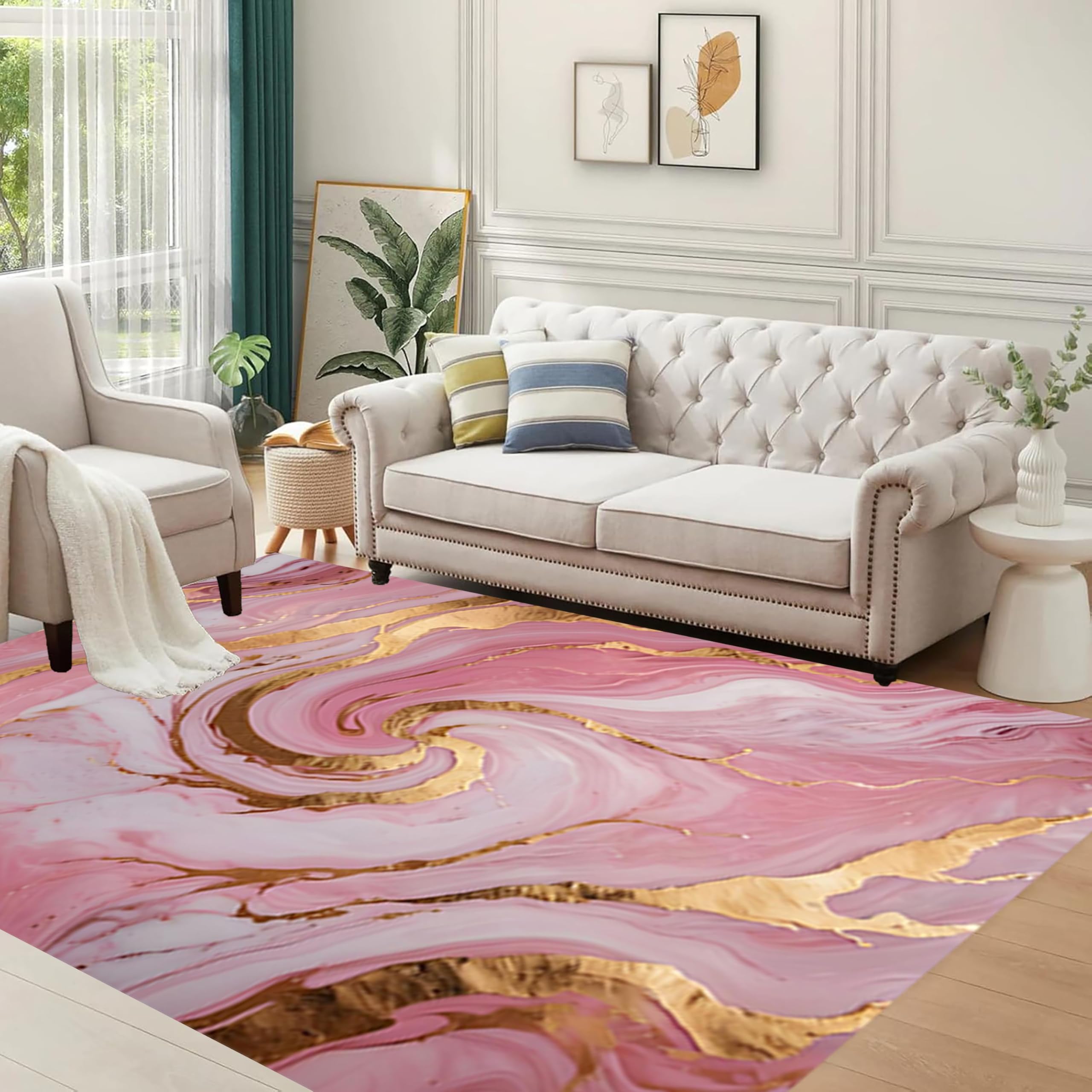 Rose Gold Marble Area Rug, 4x5ft, Low Pile Washable Rug Carpet for Living Room, Pink Gold Line Abstract Liquid Marble Home Decor Rugs for Game Room