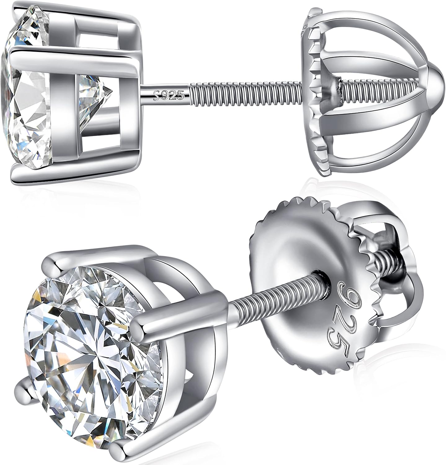 925 Sterling Silver Stud Earrings with Flat Screw Back, Round Cut/Square Cut Cubic Zirconia Hypoallergenic Stud Earrings for Women Men, Long & Thick Post, 4MM-8MM