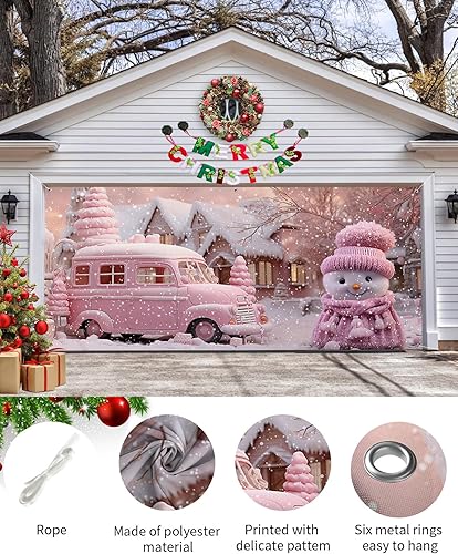 Miniatura 2 de Cubierta de cartel de Navidad rosa para puerta de garaje, decoración colgante de puerta de garaje, camión rosa de Navidad, copos de nieve de